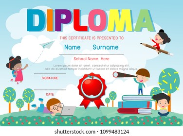 Certificates kindergarten and elementary, Preschool Kids Diploma certificate pattern design template, Diploma template for kindergarten students, Certificate of kids diploma, vector illustration