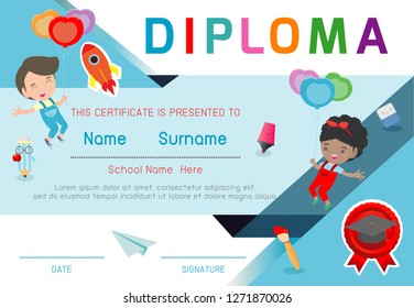 Certificates kindergarten and elementary, Preschool Kids Diploma certificate pattern design template- vector illustration