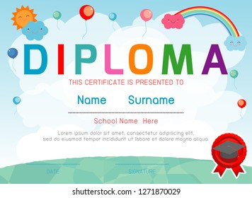 Certificates Kindergarten And Elementary, Preschool Kids Diploma Certificate Pattern Design Template- Vector Illustration