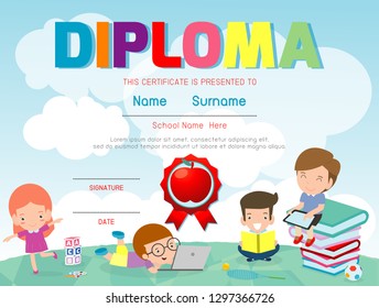 Certificates kindergarten and elementary, Preschool Kids Diploma certificate pattern design template, Diploma template for kindergarten students, Certificate of kids diploma, vector illustration