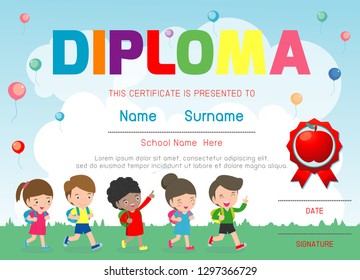 Certificates kindergarten and elementary, Preschool Kids Diploma certificate pattern design template, Diploma template for kindergarten students, Certificate of kids diploma, vector illustration