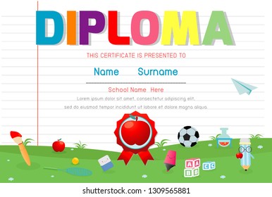 Certificates kindergarten and elementary, Preschool Kids Diploma certificate pattern design template, Diploma template for kindergarten students, Certificate of kids diploma