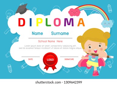 Certificates kindergarten and elementary, Preschool Kids Diploma certificate pattern design template, Diploma template for kindergarten students, Certificate of kids diploma