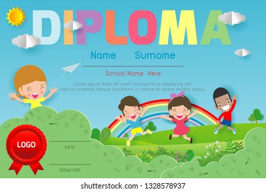 Certificates kindergarten and elementary, Preschool Kids Diploma certificate pattern design template, Diploma template for kindergarten students, Certificate of kids diploma, vector illustration