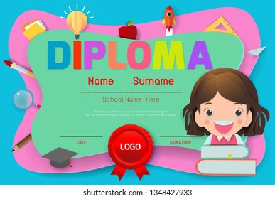 Certificates kindergarten and elementary, Preschool Kids Diploma certificate pattern design template, paper art style, vector illustration