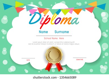 Certificates kindergarten and elementary, Preschool Kids Diploma certificate pattern design template, Diploma template for kindergarten students, Certificate of kids diploma