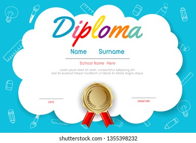 Certificates kindergarten and elementary, Preschool Kids Diploma certificate pattern design template, Diploma template for kindergarten students, Certificate of kids diploma