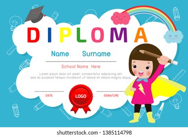 Certificates kindergarten and elementary, Preschool Kids Diploma certificate pattern design template, Diploma template for kindergarten students, Certificate of super hero kids diploma