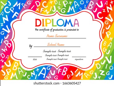 Certificates kindergarten and elementary, Preschool Kids Diploma certificate background design template, Diploma template for kindergarten students, Certificate of kids diploma. Vector illustration