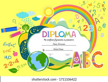 certificates kindergarten and elementary, Preschool Kids Diploma certificate background design template, Diploma template for kindergarten students, Certificate of kids diploma. Vector illustration