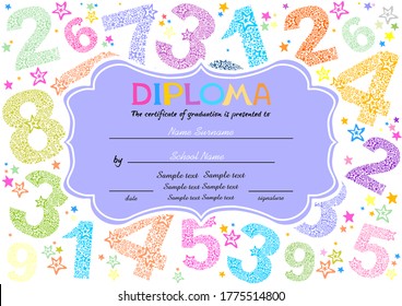 Certificates kindergarten and elementary, Preschool Kids Diploma certificate background design template, Diploma template for kindergarten students, Certificate of kids diploma. vector illustration