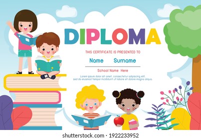Certificates kindergarten and elementary, Preschool Kids Diploma certificate background design template, Diploma for students, back to school with school kids reading book isolated vector illustration