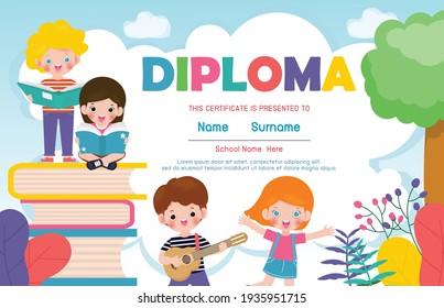 Certificates Kindergarten And Elementary, Preschool Kids Diploma Certificate Background Design Template, Diploma For Students, Back To School With School Kids Reading Book Isolated Vector Illustration