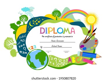 Certificates kindergarten and elementary, Preschool Kids Diploma certificate background design template, Diploma template for kindergarten students, Certificate of kids diploma. vector illustration