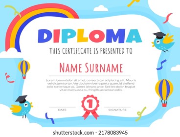 Certificates kindergarten and elementary preschool kids diploma with happy birds in the sky