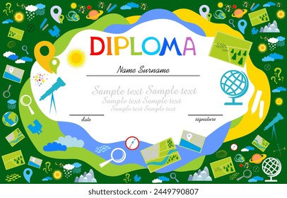 Certificates kindergarten and elementary, Preschool Kids Diploma certificate background design template, Diploma template for kindergarten students, Certificate of kids diploma. Vector illustration