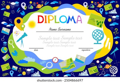 Certificates kindergarten and elementary, Preschool Kids Diploma certificate background design template, Diploma template for kindergarten students, Certificate of kids diploma. Vector illustration