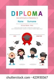 Certificates kindergarten and elementary, Preschool Kids Diploma certificate background design template, Diploma template for kindergarten students, Certificate of kids diploma, vector illustration