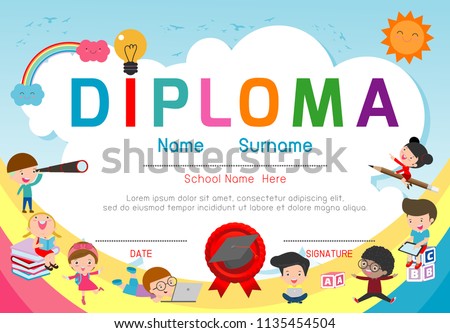 certificates kindergarten elementary preschool kids diploma stock