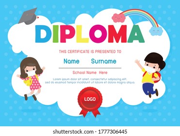 Certificates for kindergarten and elementary school.  Preschool Kids Diploma certificate background design template, cute kids wearing face mask for prevent coronavirus 2019 nCoV or covid-19, vector illustration