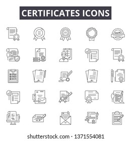 Certificates line icons, signs set, vector. Certificates outline concept, illustration: certificate,diploma,achievement,success,deaward