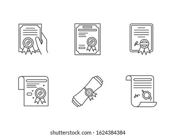 Certificates pixel perfect linear icons set. Diploma. License. Education. Achivement. Customizable thin line contour symbols. Isolated vector outline illustrations. Editable stroke