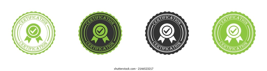 Certification Badge Icon Set. Set Of Check Mark Badges With Text.  Flat Vector Illustration.
