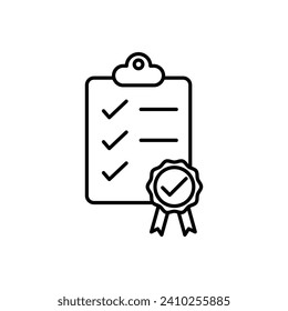 Certification Badge Line Icon. Quality assurance seal icon in black and white color.