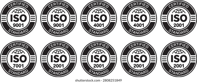 Certification Badges Iso 9001 4001 and 2001 with Labeled Standard Rings and Globe Icons for Quality Assurance Design