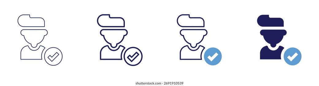 Certification checkmark icon in 4 different styles. Thin Line, Line, Bold Line, Duotone. Duotone style. Editable stroke.