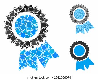 Certification composition of inequal items in variable sizes and color tints, based on certification icon. Vector tremulant items are composed into composition.