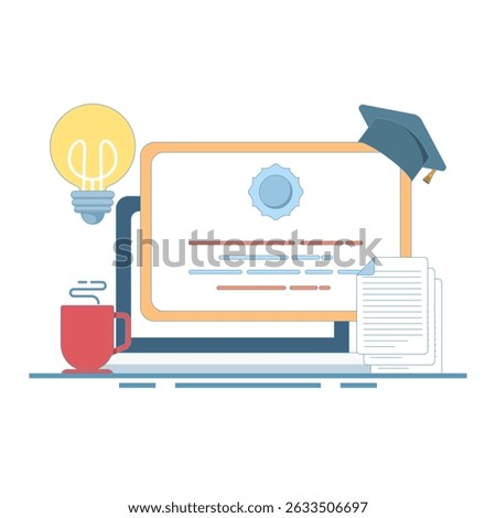 certification concept, skills training seminar, online class or webinar, course, distance learning, online certification course, online training program, e-book, online class. flat design illustration