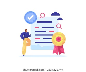 conceito de certificação. prova válida e certificado de graduação. prêmios e conquistas. e-certificate. ilustração de um homem com um papel certificado e medalha. design de estilo plano. metáfora