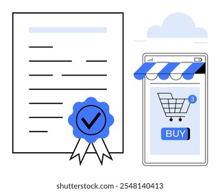 Um documento de certificação com um selo azul ao lado de um telefone celular exibindo uma loja on-line com um carrinho de compras e botão de compra. Ideal para e-commerce, certificação on-line, transações seguras, digital