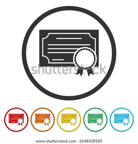 Certification document icon. Set icons in color circle buttons