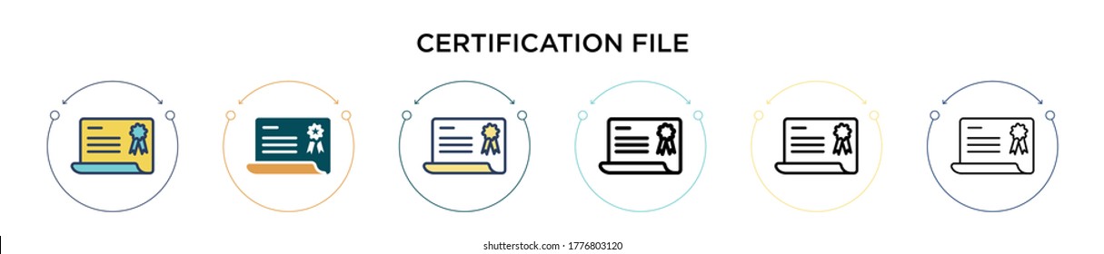 Certification file icon in filled, thin line, outline and stroke style. Vector illustration of two colored and black certification file vector icons designs can be used for mobile, ui, web
