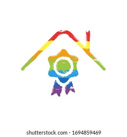 Certification house, certificate of quality for building. Drawing sign with LGBT style, seven colors of rainbow (red, orange, yellow, green, blue, indigo, violet