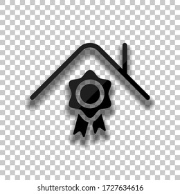 Certification house, certificate of quality for building. Black glass icon with soft shadow on transparent background