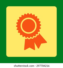 Certification icon from Award Buttons OverColor Set. Icon style is orange and yellow colors, flat rounded square button, green background.