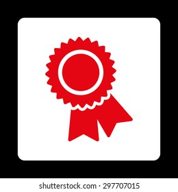 Certification icon from Award Buttons OverColor Set. Icon style is red and white colors, flat rounded square button, black background.
