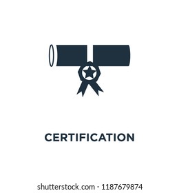 Certification icon. Black filled vector illustration. Certification symbol on white background. Can be used in web and mobile.