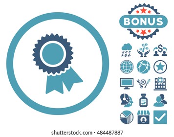 Certification icon with bonus elements. Vector illustration style is flat iconic bicolor symbols, cyan and blue colors, white background.