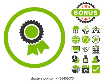 Certification icon with bonus pictures. Vector illustration style is flat iconic bicolor symbols, eco green and gray colors, white background.