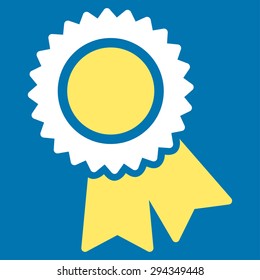 Certification icon from Competition & Success Bicolor Icon Set. Vector style: flat bicolor symbols, yellow and white colors, rounded angles, blue background.