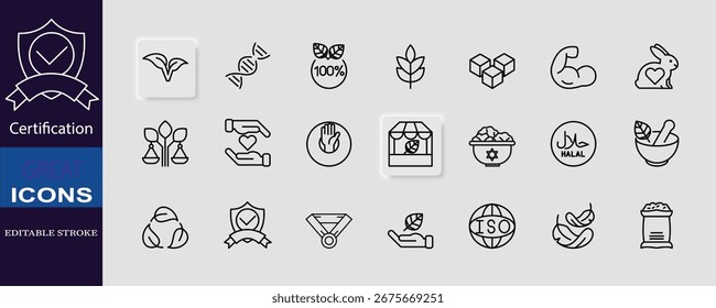 Certification icon set in editable stroke style, including organic, vegan, halal, cruelty-free, ISO, eco, quality, healthy, and product labels.