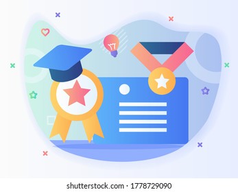 Certification icon set medal certificate ribbon with mortar board head, flat style.