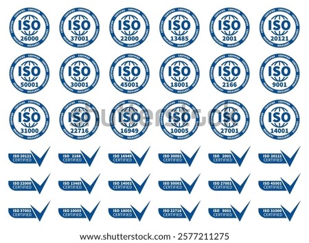 Certification logo collection for ISO in blue. Vector illustration 