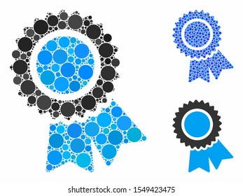 Certification mosaic of filled circles in various sizes and color tones, based on certification icon. Vector round dots are grouped into blue mosaic.