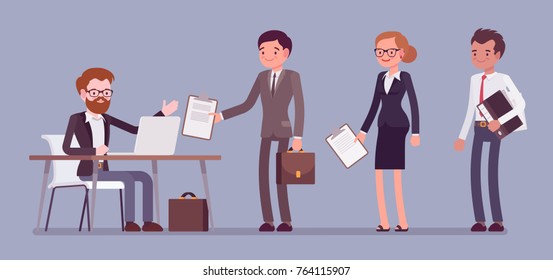 Certification official act. Organization certifying product proving quality, people searching for document proof, seeking for job qualification. Vector flat style cartoon business concept illustration