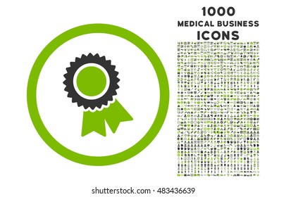 Certification rounded vector bicolor icon with 1000 medical business icons. Set style is flat pictograms, eco green and gray colors, white background.